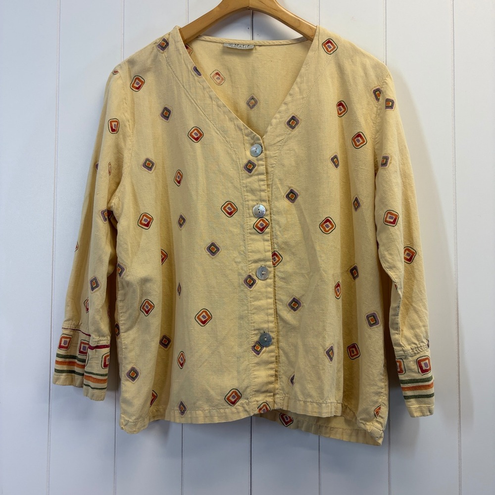Motif Boho Button Up Blouse Women Size L Geometric Artsy Folk Hippie Comfy USA